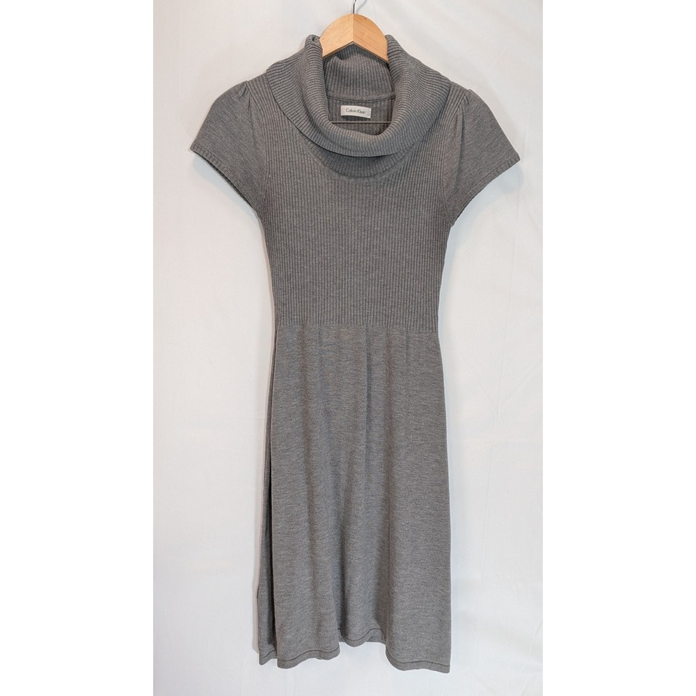 Calvin Klein Gray Cowl Neck Ribbed Short Sleeve Sweater Dress Womens Small